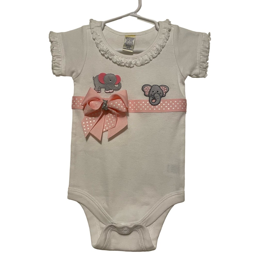 Elephant one piece short sleeve white pink gray bow embellished. Size 12mo